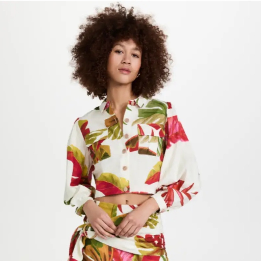 FARM RIO spring forest cropped linen blend shirt